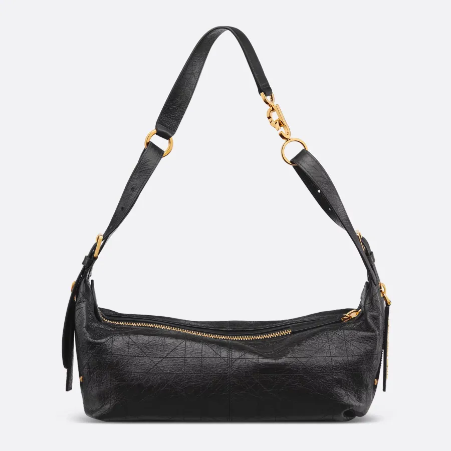 Dior Medium D-Journey Bag in Black Crinkled Calfskin Gold Hardware