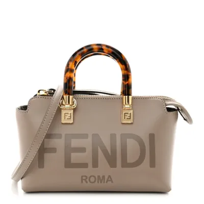 Fendi Mini Logo Embossed By The Way Top Handle Boston Bag Tortora King Vitello Leather & Plexiglass Gold Hardware