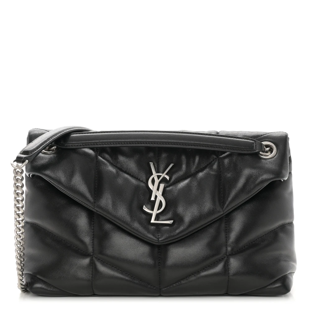 Saint Laurent Bolsa Pequena Loulou Chain Satchel Preta Acolchoada Puffer Monogram Couro de Cordeiro Hardware Prateado