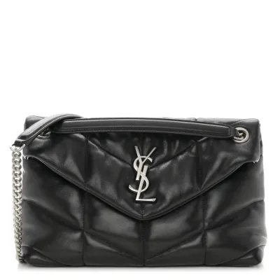 Saint Laurent Small Loulou Chain Satchel Black Quilted Puffer Monogram Lambskin Leather Silver Hardware