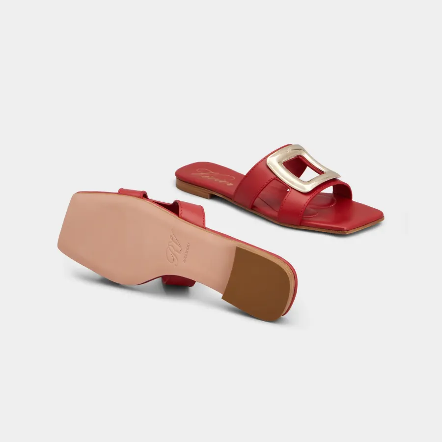 Roger Vivier Viv' By The Sea Mules Flats In Red Leather With Metal Buckle