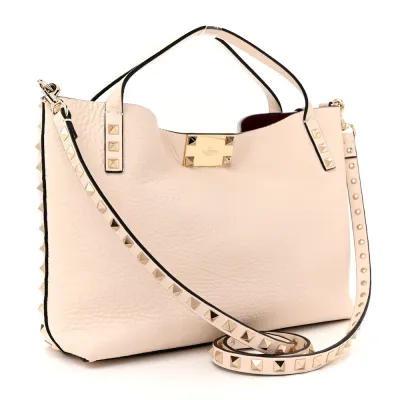 Valentino Garavani Small Rockstud Flip Lock Tote Bag Light Ivory/Rubino Grained Calfskin Leather Gold Hardware