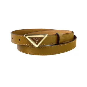 Prada Women' s Triangled Buckle Belt In Brown/Pink/White Calfskin With Gold/Silver Hardware 20mm
