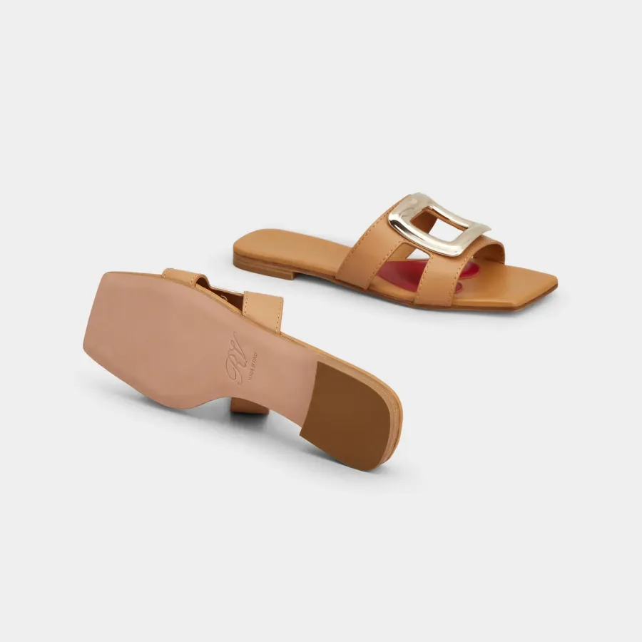 Roger Vivier Viv' By The Sea Mules Flats In Orange Leather With Metal Buckle