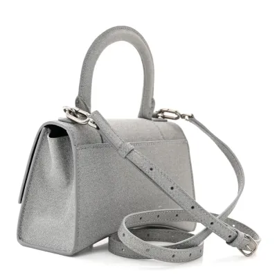 Balenciaga XS Hourglass Top Handle Bag Silver Sparkling Fabric Silver Hardware
