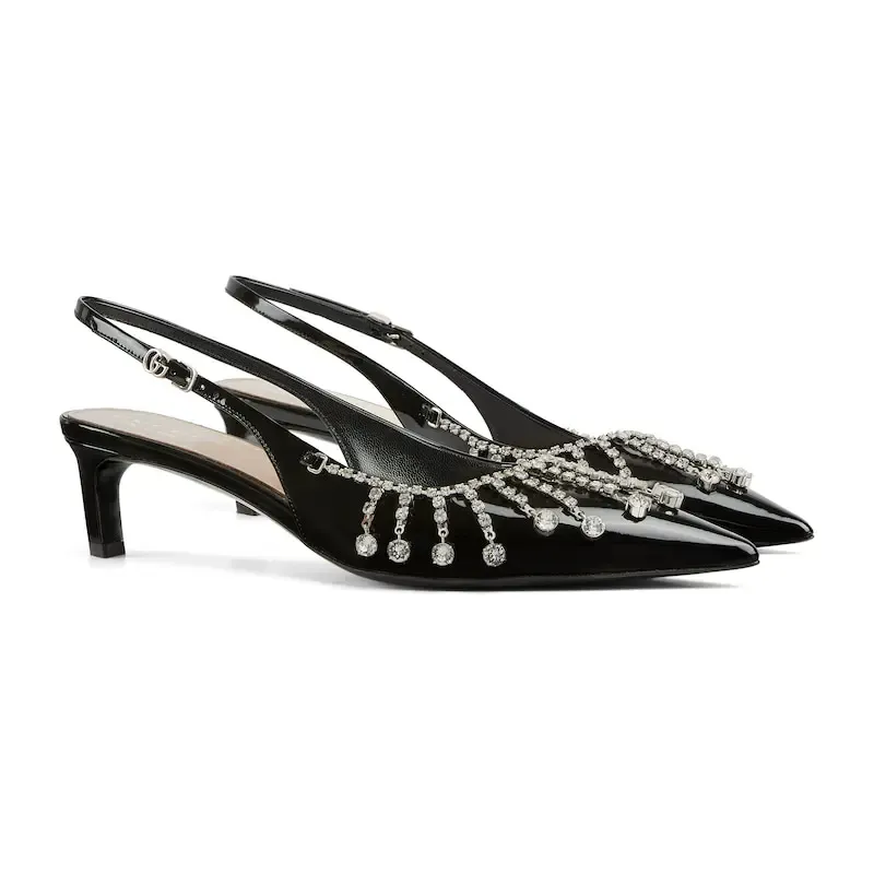 Gucci black pointed heels crystal high heels shoes Rear lace up high heels