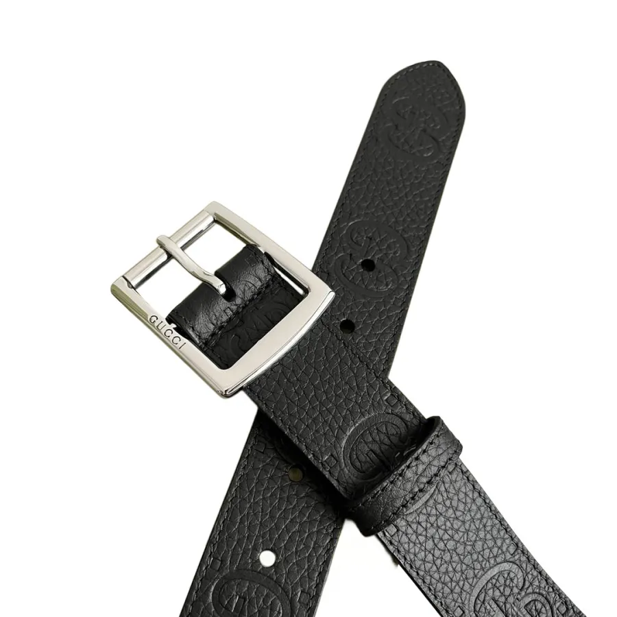 Gucci Men' s Square Buckle Belt In Black GG Grained Calfskin With Gold/Silver Hardware 35mm