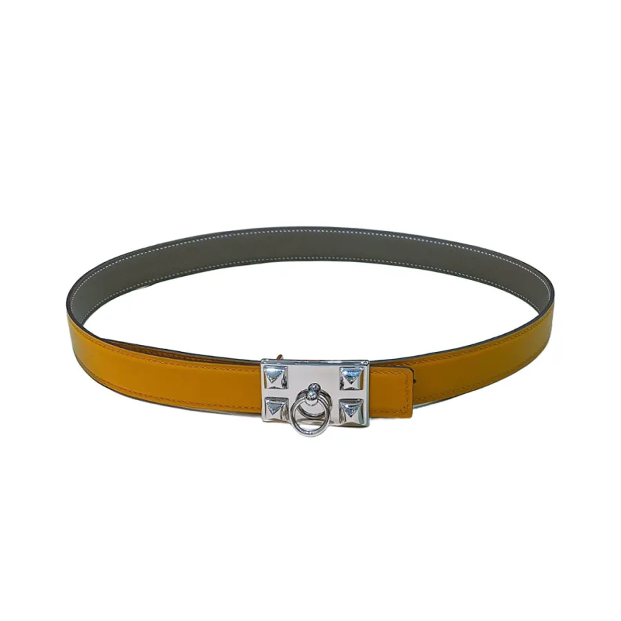 Hermès Women' s Square Buckle Reversible Belt In Grey/Yellow Calfskin With Silver Hardware 24mm