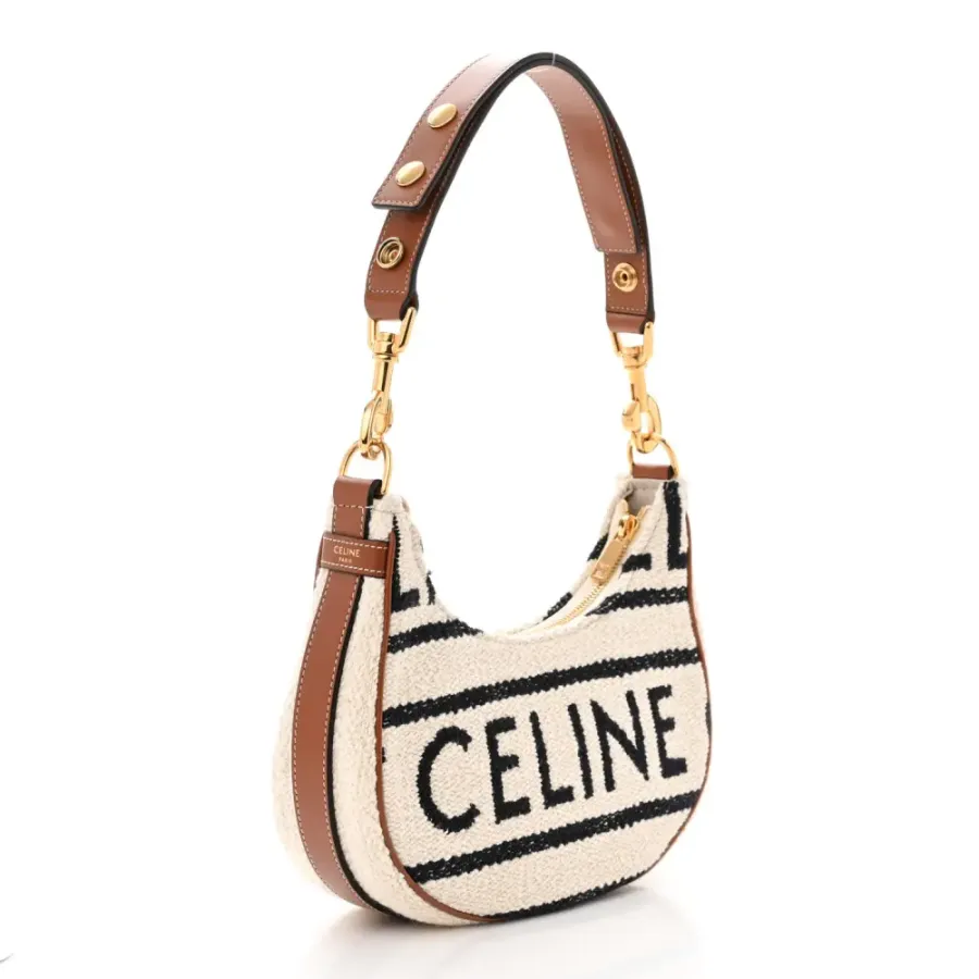 Celine Medium Ava Shoulder Bag White/Black Textile Gold Hardware