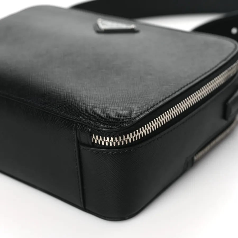 Prada Medium Travel Brique Crossbody Bag Black Saffiano Leather Silver Hardware