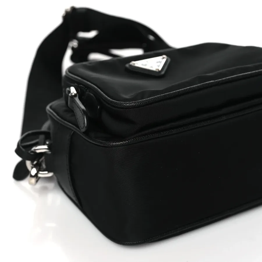 Prada Medium Brique Crossbody Messenger Bag Black Tessuto & Saffiano Leather Silver Hardware