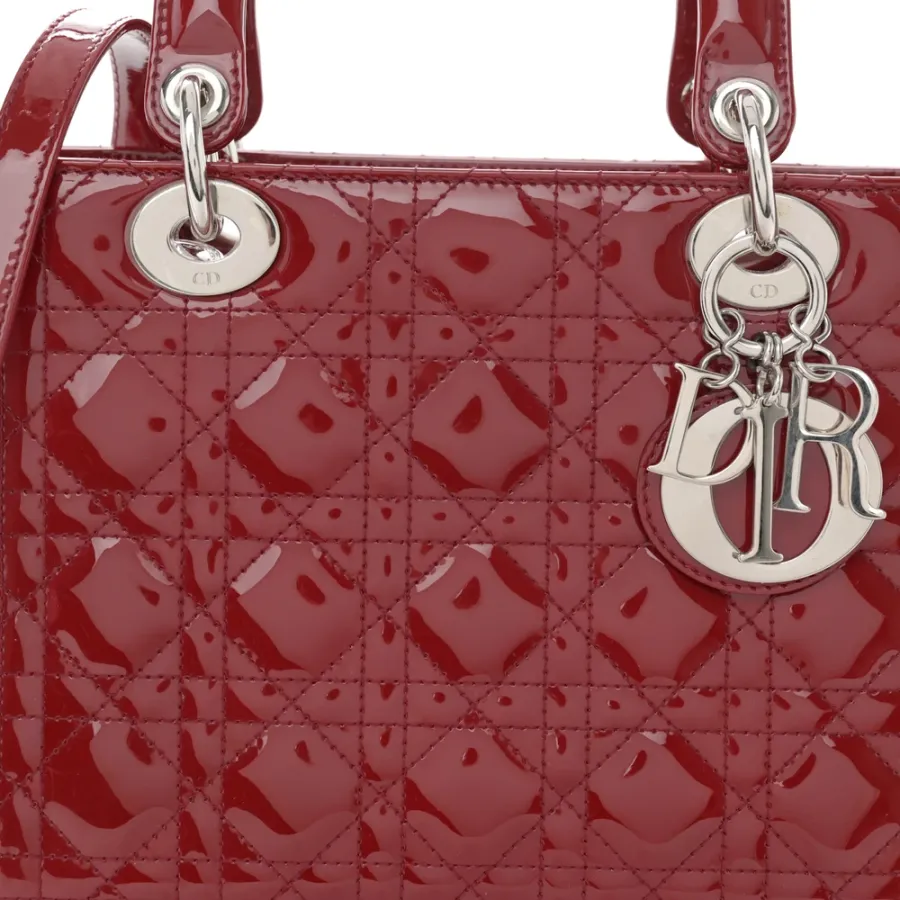 Dior Medium Lady Dior Dark Red Patent Cannage Calfskin Leather Silver Hardware