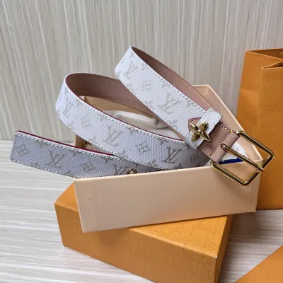 Louis Vuitton Women's Flowergram Ardillon Belt In White/Blue Monogram Canvas With Gold Hardware 30mm