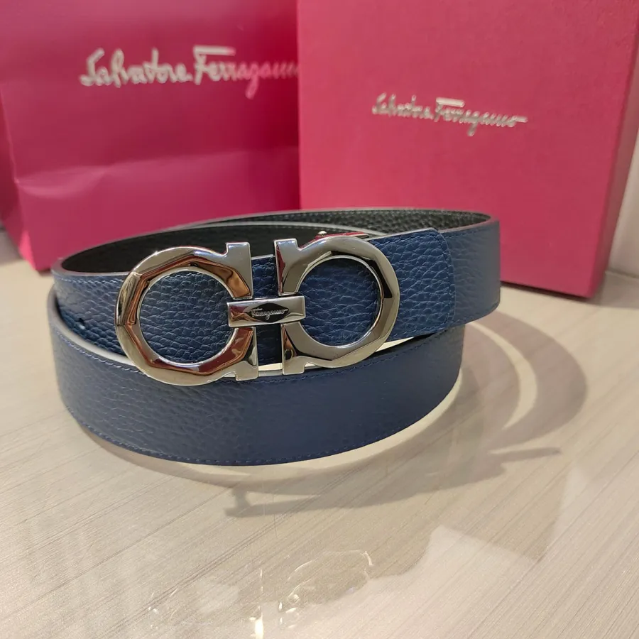 Ferragamo Men's Double Gancini Buckle Reversible Belt In Orange/Black/Brown/Blue Grained Calfskin With Gold/Silver Hardware 35mm