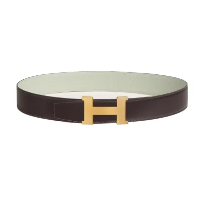 Hermès Men' s H Buckle Reversible Belt In Brown/White Evercolor Calfskin With Gold/Black Hardware 38mm