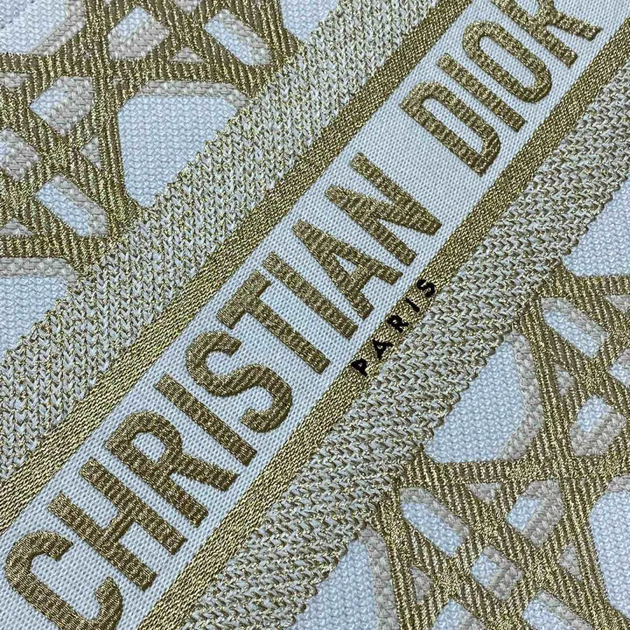 Dior Medium Dior Book Tote Gold-Tone and White Macrocannage Embroidered Canvas