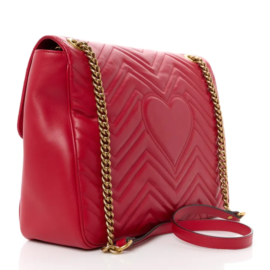 Gucci Large GG Marmont Shoulder Bag Hibiscus Red Calfskin Matelassé Leather Aged Gold Hardware