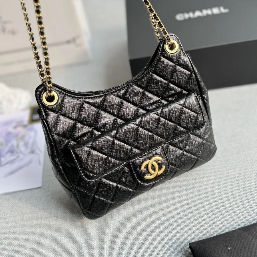 Chanel Black / White Quilted  Caviar Leather / Quilted Lambskin Leather Crossbody Bags