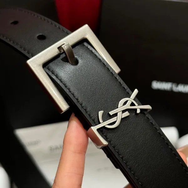 Saint Laurent Cassandre Belt In Black/Coffee Smooth Calfskin With Black/Gold/Silver Hardware 30mm - Image 7