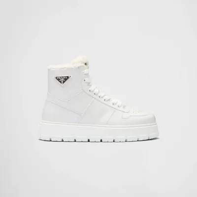 PRADA White leather and sheepskin high-top sneakers