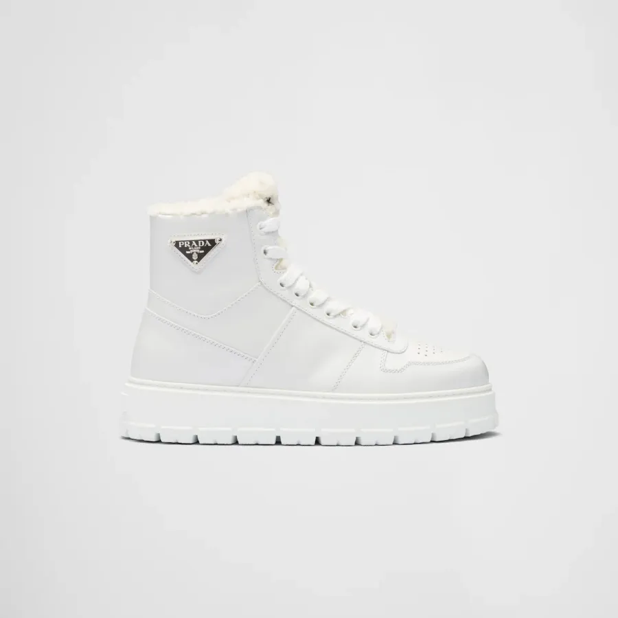 PRADA White leather and sheepskin high-top sneakers