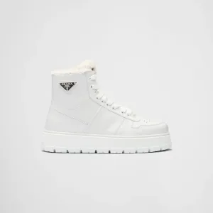 PRADA White leather and sheepskin high-top sneakers