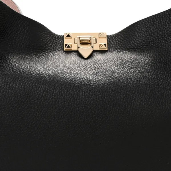Valentino Garavani Medium Rockstud Tote Black/Rose Quartz Grainy Calfskin Leather Gold Hardware - Image 8