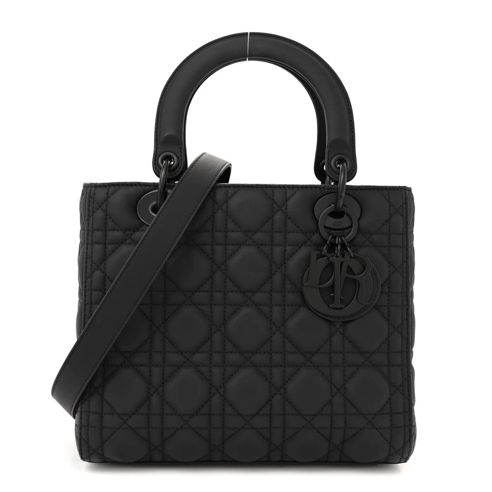 Dior Medium Lady Dior Preto Ultra Fosco Pele de Bezerro Cannage Hardware Preto Fosco