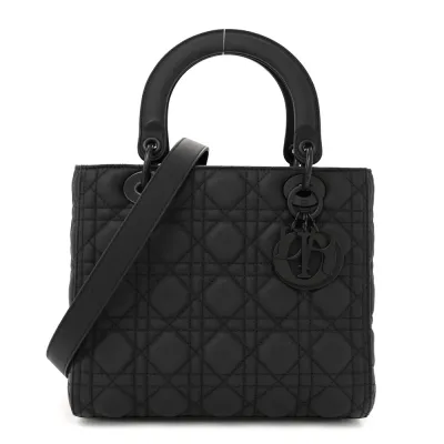 Dior Medium Lady Dior Black Ultra Matte Cannage Calfskin Leather Matte Black Hardware