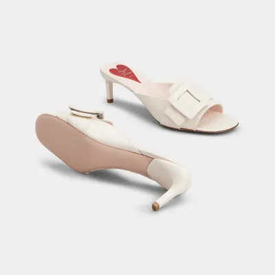 Roger Vivier Viv' Canard Mules Sandals In White Leather With Lacquered Metal Buckle (Heel Height 5.5cm)