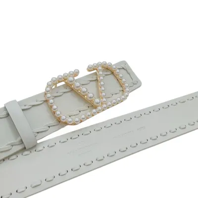 Valentino V Buckle With Pearls Belt In White/Red/Black/Pink Calfskin With Gold Hardware 40mm