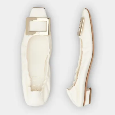 Roger Vivier Belle Vivier Ballerinas In White/Black Leather With Metal Buckle (Heel Height 2.5cm)