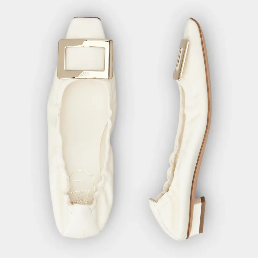 Roger Vivier Belle Vivier Ballerinas In White/Black Leather With Metal Buckle (Heel Height 2.5cm)