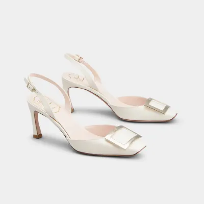 Roger Vivier Trompette Slingback Pumps High Heels In White Patent Leather With Metal Buckle (Heel Height 7cm)