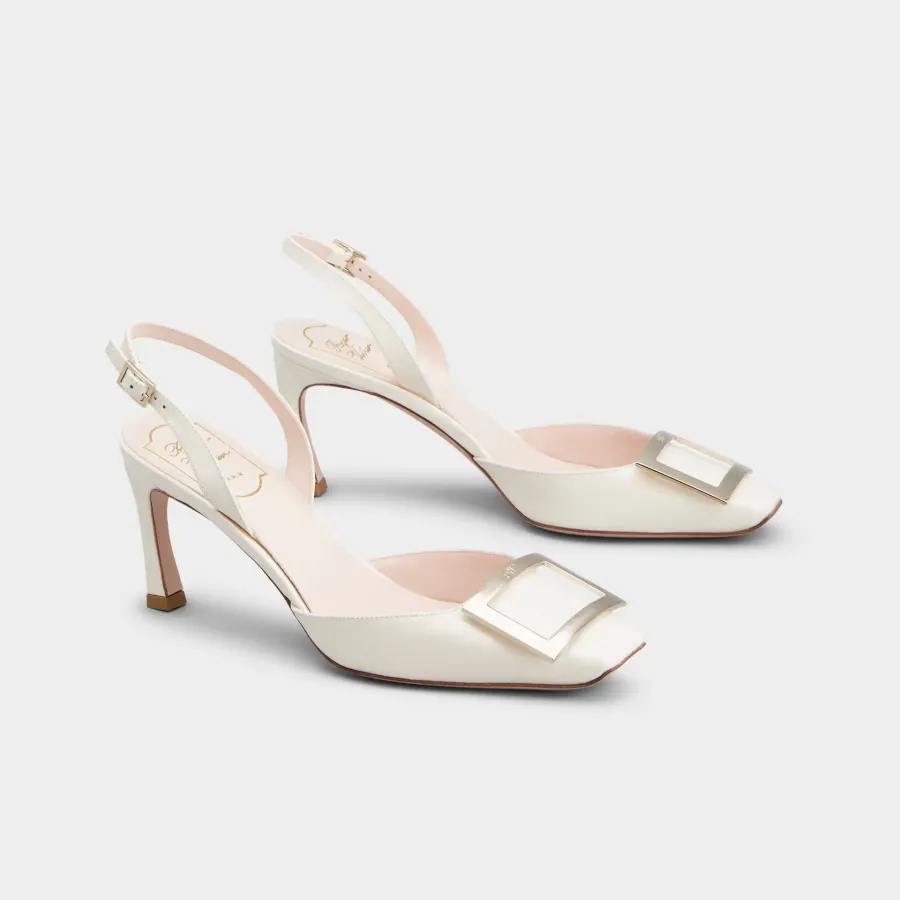 Roger Vivier Trompette Slingback Pumps High Heels In White Patent Leather With Metal Buckle (Heel Height 7cm)
