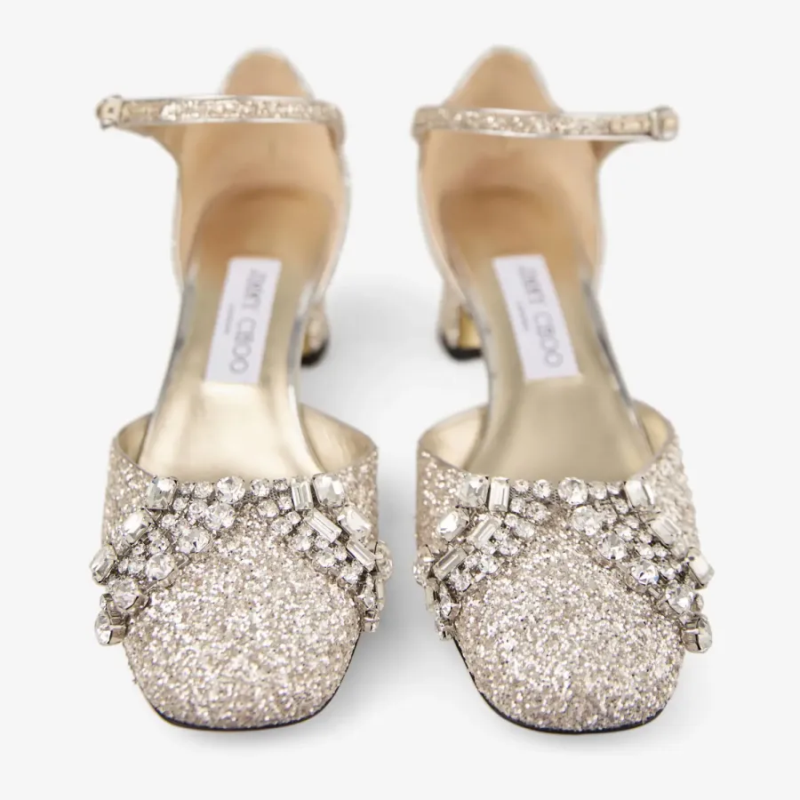 JIMMY CHOO Sand-colored shimmer fabric heels Thick heeled heels