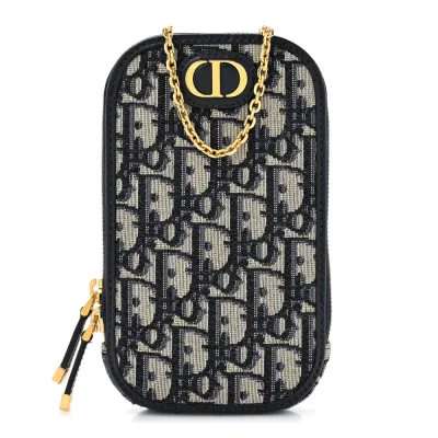 Dior Small Montaigne 30 Phone Holder With Chain Blue Oblique Canvas