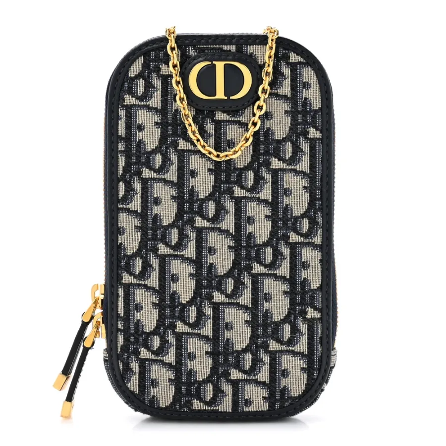 Dior Small Montaigne 30 Phone Holder With Chain Blue Oblique Canvas