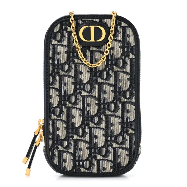 Dior Small Montaigne 30 Phone Holder With Chain Blue Oblique Canvas
