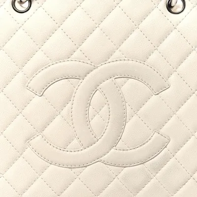 Chanel Grand Shopping Tote (GST) Large White Quilted Caviar Leather Silver Hardware