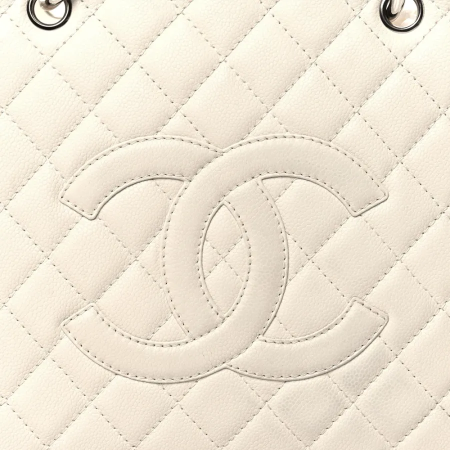 Chanel Grand Shopping Tote (GST) Large White Quilted Caviar Leather Silver Hardware