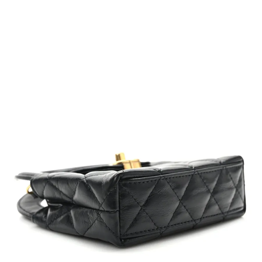 Chanel Kelly Shopper Nano Black Quilted Shiny Aged Calfskin Leather Gold Hardware - BAGS