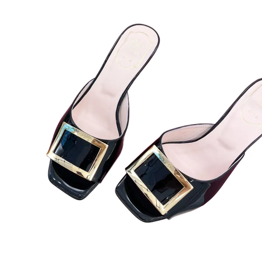 Roger Vivier Trompette Mules High Heels In White/Black/Beige/Pink Patent Leather With Metal Buckle (Heel Height 4.5cm)