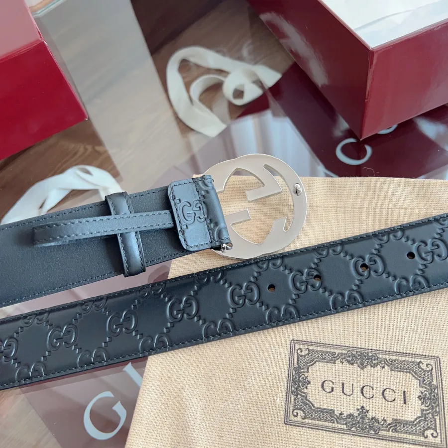 Gucci Men's Interlocking G Buckle And Interlocking G Belt In Black/Brown Marmont In Calfskin/Canvas With Gold/Silver Hardware 40mm