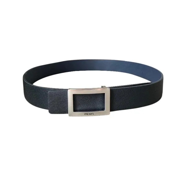 Prada Men' s Square Buckle Reversible Belt In Black/Blue/White Saffiano Calfskin With Gold/Silver Hardware 34mm - Image 4