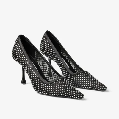 JIMMY CHOO Crystal mesh stitched black satin heels