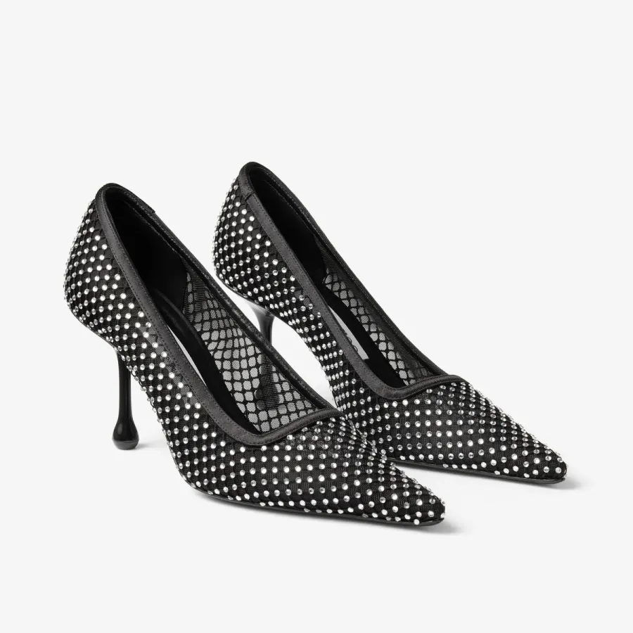 JIMMY CHOO Crystal mesh stitched black satin heels