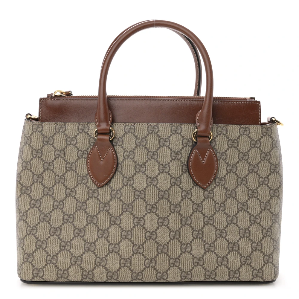 Gucci Bolsa Tote Média com Zíper Bege GG Supreme Monograma em Canvas com Hardware Dourado