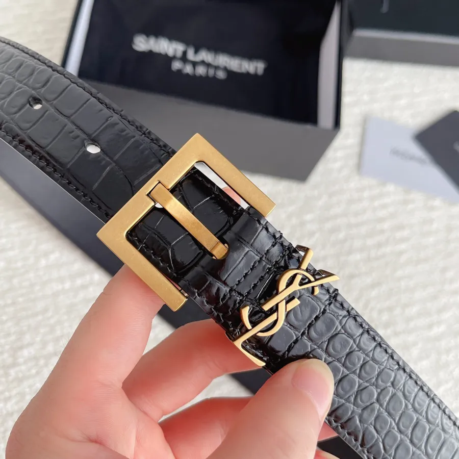 Saint Laurent Cassandre Belt In Black Crocodile-Embossed Calfskin With Gold/Silver/Black Hardware 30mm