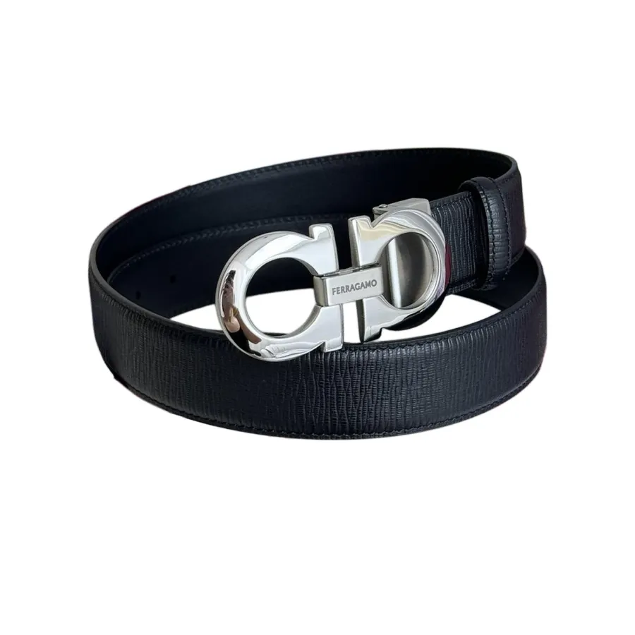 Ferragamo Men's Double Gancini Buckle Reversible Belt In Black Calfskin With Gold/Silver/Black Hardware 35mm
